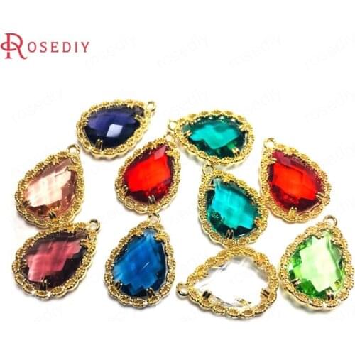 38201)6PCS 10x14MM 24K Champagne Gold Color Brass and Glass with Lace Frame Drop Shape Charms Pendants Diy Jewelry Findings