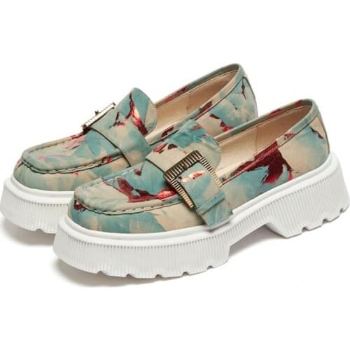 Llogai 2021 Women Pumps Casual Shoes Soft Cow Leather Autumn Spring Blue Color Slip on Buckle Strap Round Toe High Heels Pumps