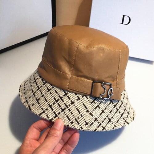 Top brand women luxury patchwork buckle basin caps Faux leather Bucket hat KDOU024