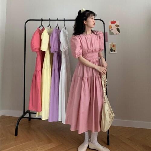Puff Sleeve Bellflower Short Sleeve Dress New Summer Womens Skirt Waist Waist Was Thin All-match Temperament Mid-length Dress
