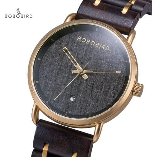 BOBO BIRD Luxury Watch Wooden Auto Date Golden Metal Wrist watch for Men Christmas Gift with Box relogio masculino