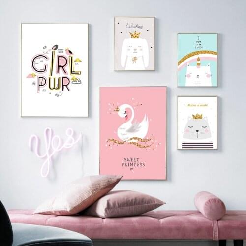 Pink Unicorn Poster Cartoon Girl Swan Dog Wall Art Poster Nursery Canvas Print Painting Nordic Picture Kids Baby Room Bedroom