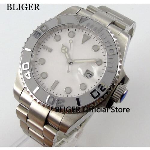 Sapphire Crystal BLIGER 40MM White Sterile Dial Mens Wrist Watch Grey Ceramic Rotating Bezel MIYOTA Automatic Movement