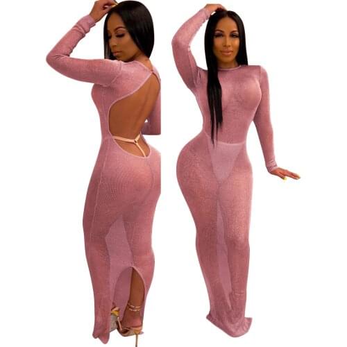 Sexy Backless Dress See Perspective Long Sleeve Floor Dresses Bright Shining Fabric Nightclub Party Dress for Women Clothing