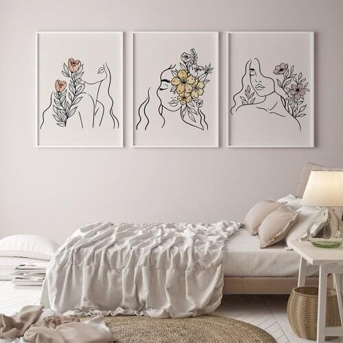 Nordic Abstract Canvas Painting Womans Face Line Drawing Flowers Wall Art Posters And Prints Pictures Modern For Home Decor