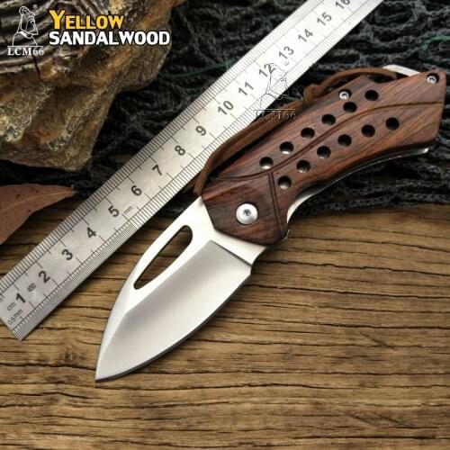 LCM66 D2 steel Folding Knife, Yellow sandalwo Survival Knives,Very sharp Mini Rescue Pocket Knife,Gift Key knife Tools