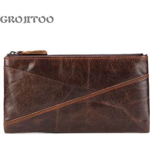 GROJITOO Men Clutch Bags Large Capacity Men Wallet Long Genuine Leather Hand Bag Oil Wax Leather Zipper Bag For Men Long Purse