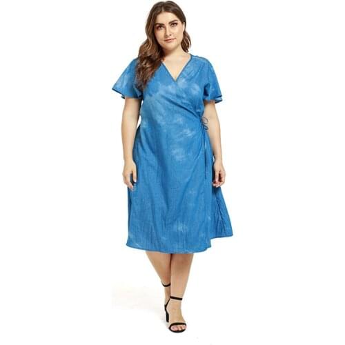 Comfortable Plus Size Simple Short Sleeve Midi Denim Dresses Skirts Womens Clothing Beach Style Casual Summer Tie-dye Blue V