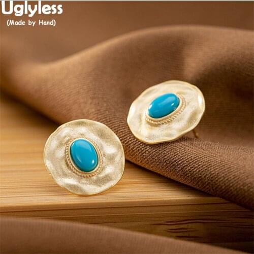 Uglyless Gold Irregular Round Flakes Earrings for Women Bohemia Nature Turquoise Studs Earrings Real 925 Silver Brincos Gemstone