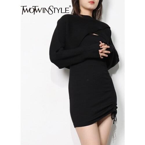 TWOTWINSTYLE Casual Black Two Piece Suit For Women Square Collar Drawstring Slim Dress Long Sleeve Short Tops Female Sets Autumn