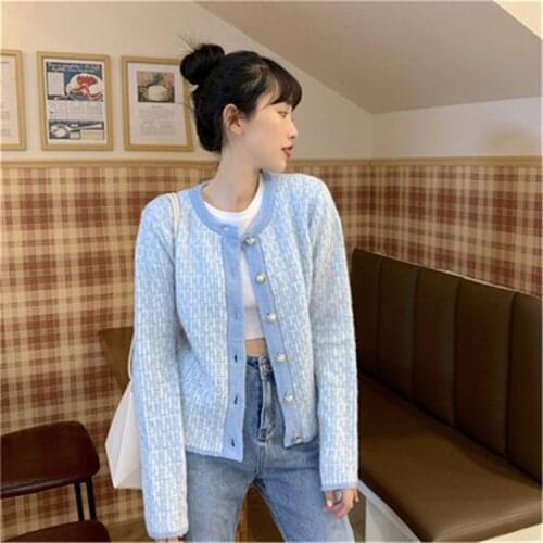 2021 Spring New Cardigan Sweater Women Round Neck Single Breasted Cropped Cardigan Long Sleeve Light Blue Cardigan Jacket