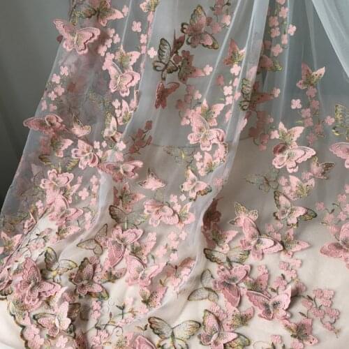 1yard Exquisite 3D Butterfly Embroidery Lace Fabric Pink Gold Thread Bridal Gown Wedding Fabrics Tulle Cloth DIY Dress Material