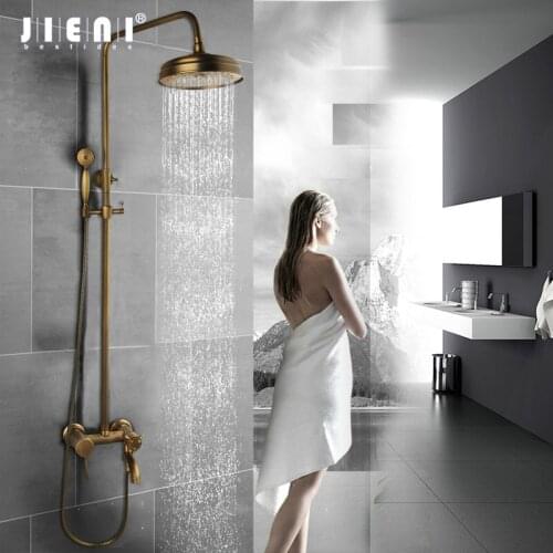 JIENI Antique Brass Rainfall Bathroom Shower Faucet Hand 3 Sprays Bathtub Bathroom Shower Set Tap Mixer Faucet W/ Ceramic Base
