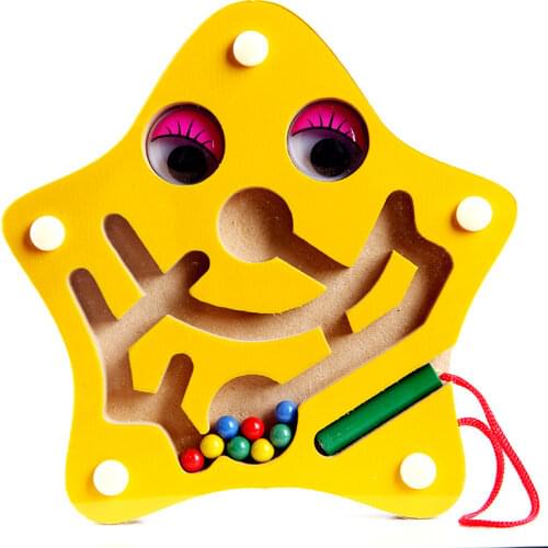 Free Shipping Baby Classic Small Starfish Maze Magnetic Pen Wood Toy Labyrinth Childrens Sliding Piece Puzzle Educational Toys