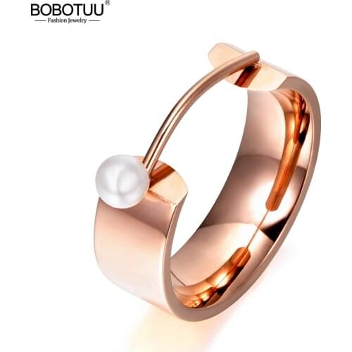 BOBOTUU Original Design Simulated Pearl Rose Gold Color Ring Jewelry Titanium Steel Engagement Wedding Rings Bague BR17142