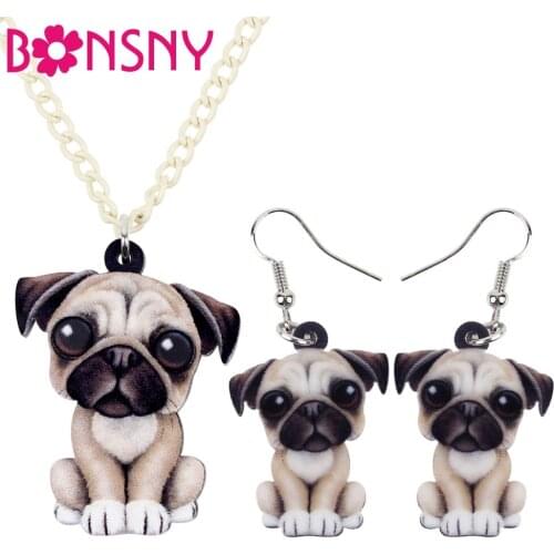 Bonsny Acrylic Sweet French Bulldog Pug Dog Earrings Necklace Collar Cartoon Animal Jewelry Sets For Women Girls Teens Gift Pets