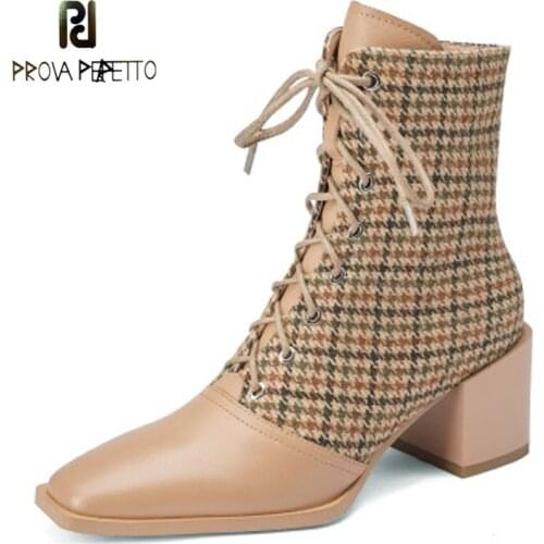 Retro Square-toe High-heeled Fashion Boots for Fall/winter New Style Cowhide Stitching Plaid Cross Strapping Martin Boots