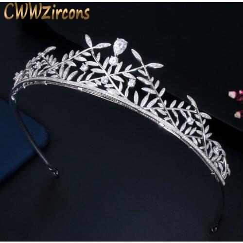 CWWZircons Leaf Shape Cubic Zircon Crown Tiara Bridal Wedding Hairpiece Elegant Women Party Hair Acessories Diadem Jewelry A017