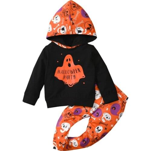 2Pcs Kids Halloween Tracksuit, Ghost Letters Hooded Long Sleeve Sweatshirt +Skull Pants for Boys, Girls 6Months - 4Years