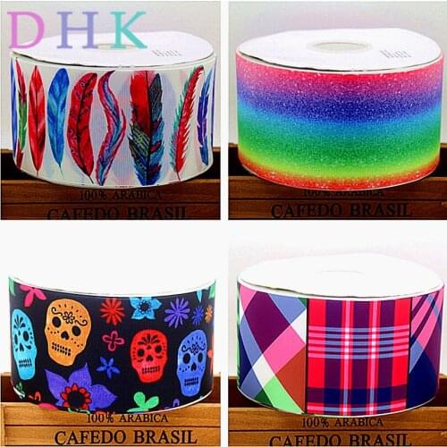 DHK 3'' Free shipping feather plaid skull gradient printed grosgrain ribbon Accessory hairbow headwear DIY decoration 75mm S778