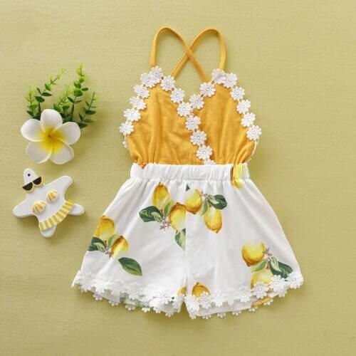 Baby Girl Lace Patchwork Lemon Printed Jumpsuit Fashion Romper Summer Clothes Sunsuit Kids Outfits Girls Tassel Backless Rompers