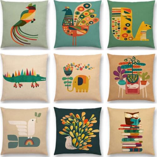 Hot Sale Colorful Geometrical Cartoon Cute Animals Rainbow Bird Fox Squirrel Squid Owl Dove Elephant Flowers Cushion Sofa Pillow