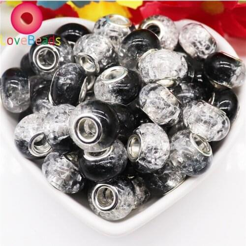10Pcs Lot 2 Color Crackle Flower Murano Charms Large Hole Round Loose Beads Fit Pandora Bracelet DIY Necklace Jewelry Hair Beads