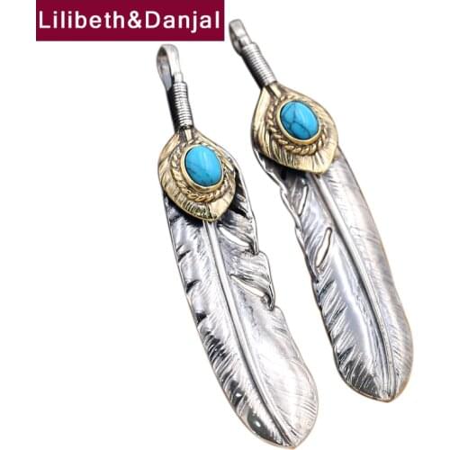 2019 Vintage Inlaid Turquoise natural stone Feather Pendant 100% Real 925 Sterling Silver Men Women Necklace Pendant jewelery P3