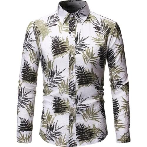 Fashion Leaves Printed Casual Shirt Men Slim Fit Long Sleeve Dress Shirt Mens Party Holiday Shirts Male Camisa Social Masculina