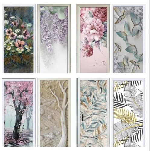Fashion Modern Door Wall Paper Vinyl Art Flower Butterfly Tropical Palm Leaves Wall Stickers Modern Art Vinyl Decal Wall Mural