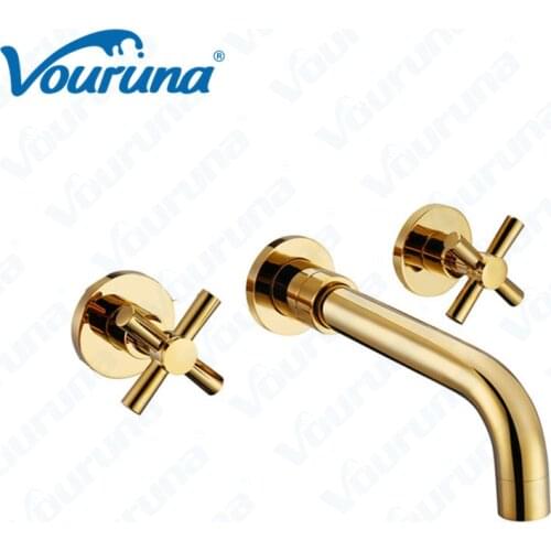 2018 Top Fashion Classic Contemporary Dual Handles Golden Bathroom Taps Chrome Finish In Wall Mounted Basin Faucet