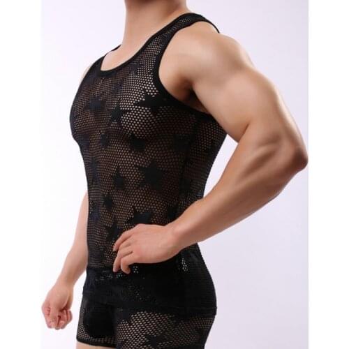 Mens underwear sexy men shirt home star mesh breathable black undershirt mens shirt underwear