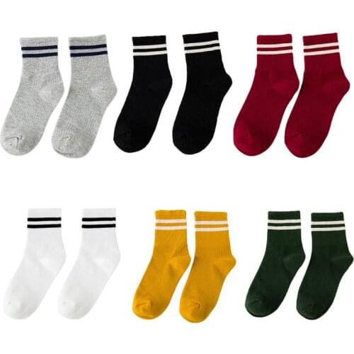 Women Girls Harajuku Double Striped Long Crew Socks Ribbed Knit Bright Solid Color Hip-Hop Skateboard Cotton Sports Tube Hosiery