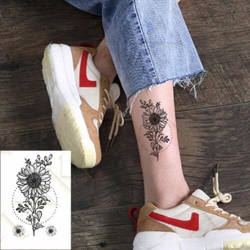 Water Transfer Fake Tattoo Sticker Sketch Chrysanthemum Daisy Plum Blossom Art Waterproof Temporary Flash Tatto For Men Woman