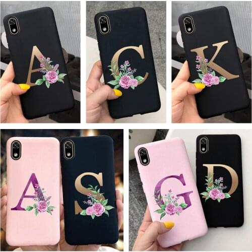 Fashion Flower Custom Initial 26 Letter Soft Black Phone Case For Huawei Y5 Y6 Y7 Pro Y6s Y9s Y9Prime 2019 Couples Silicon Cover