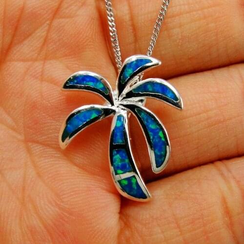 Blue Australian Fire Opal Coconut Palm Tree Pendant Necklace 925 Sterling Silver For Gift