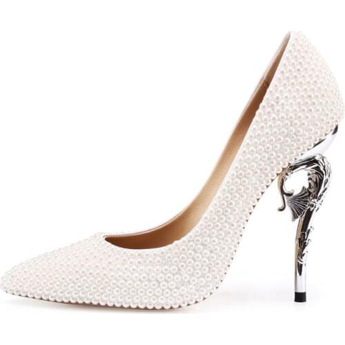 Pumps Heel Pearl Wedding Shoes Thin Heels Pointed Toe Shallow High-heeled Sandals White Elegant Party Shoes For Brides Princess