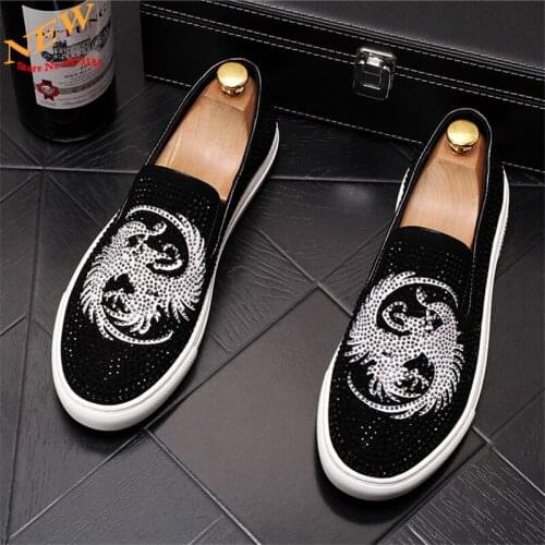 Autumn Luxury Rhinestone punk Men Casual Shoes Flat Loafers Slip-on Lazy Prom Shoes Moccasins Chaussure Homme