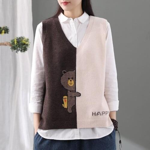 Spring and autumn womens new style retro bear color matching knitted vest ladies loose outside V-neck casual sweater top