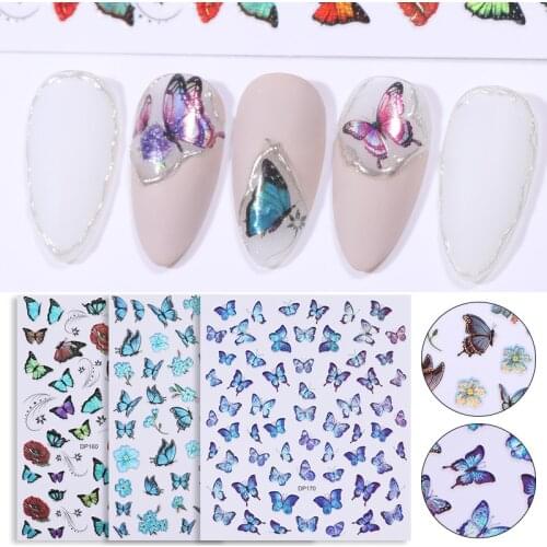 Spring Flowers 3D Blue Butterfly Nail Art Stickers Adhesive Sliders Gold Silver Butterfly Nail Transfer Decals Foils Wraps Nail