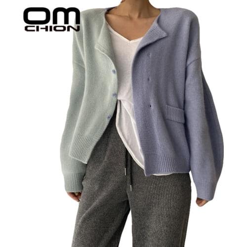 OMCHOPM Korean New Loose Fit Long Sleeve Colors Patchwork Chic Sweater Coat Women Casual Loose Short Cardigan 2021 Clothing BR32