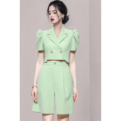 Women Solid Shorts Suits 2021 Fall Puff Sleeve Double-Breasted Notched Crop Top + High Waist Pocket Wide Leg Shorts 2 Piece Set