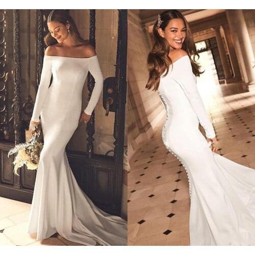 Hot Sale Off Shoulder Mermaid Wedding Dresses Long Sleeves Satin Wedding Gown Backless Simple Boho Bride Dress Vestido de noiva