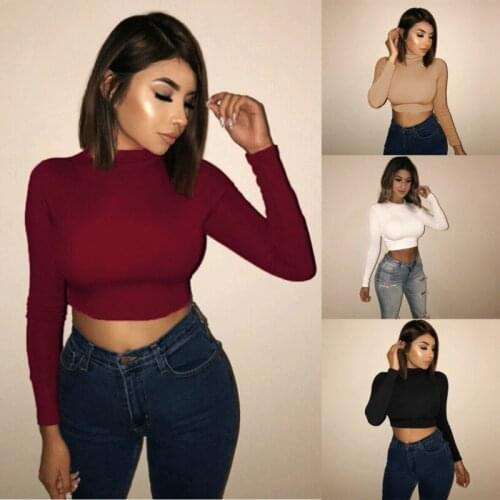 2020 Fashion New Sexy Women exposed long sleeve slim bottoming shirt Knitted Shirt Fall Crew Neck Crop Tops T-Shirts
