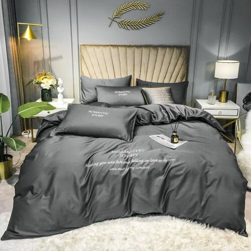 Luxury Gray 40S Cotton Bedding Set Embroidery Solid Color Hotel Wedding Household Bed Set Duvet Cover Bed Sheet Queen King Size