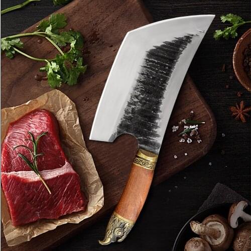 Longquan Kitchen Knife Hand-Forged Chefs Knife for Shredding and Forging Household Meat Cleaver Bone Knife 9Inch Cooking Tool