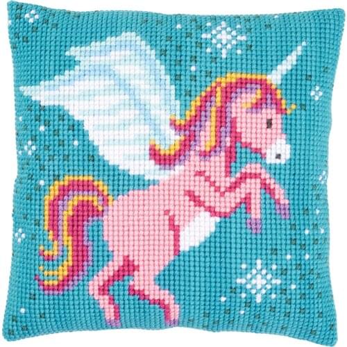 DIY Cross Stitch Cushion Front Pink Unicorn Needlepoint Kits Printed Canvas Chunky Yarn Cross-stitch Pillow Case Arts & Crafts