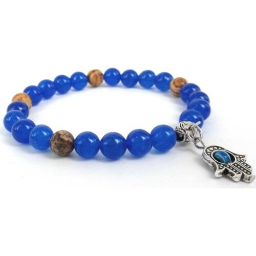 2015 New Design Handmade Charms Bracelet Fatima Hand Evil Eye Charm Hamsa Bracelet with 8mm Natural Blue Stone Beads