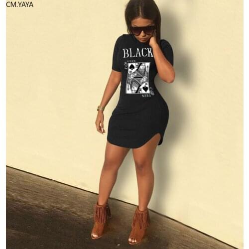 CM.YAYA Women Black Queen Poker Card Short Sleeve Side Split T-shirt Dress Fashion Classic Mini Sport Dresses Vestidos