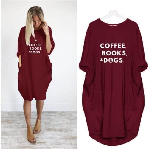 Coffee Books Dogs Paw Letter Print Women Dress Harajuku Casual Long Sleeve Vintage Dress for Female Femme Student Lover Gift
